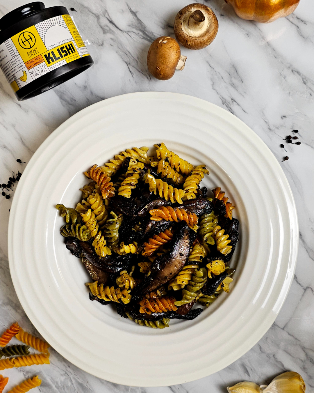 Pasta Klishi con champiñones y rotini